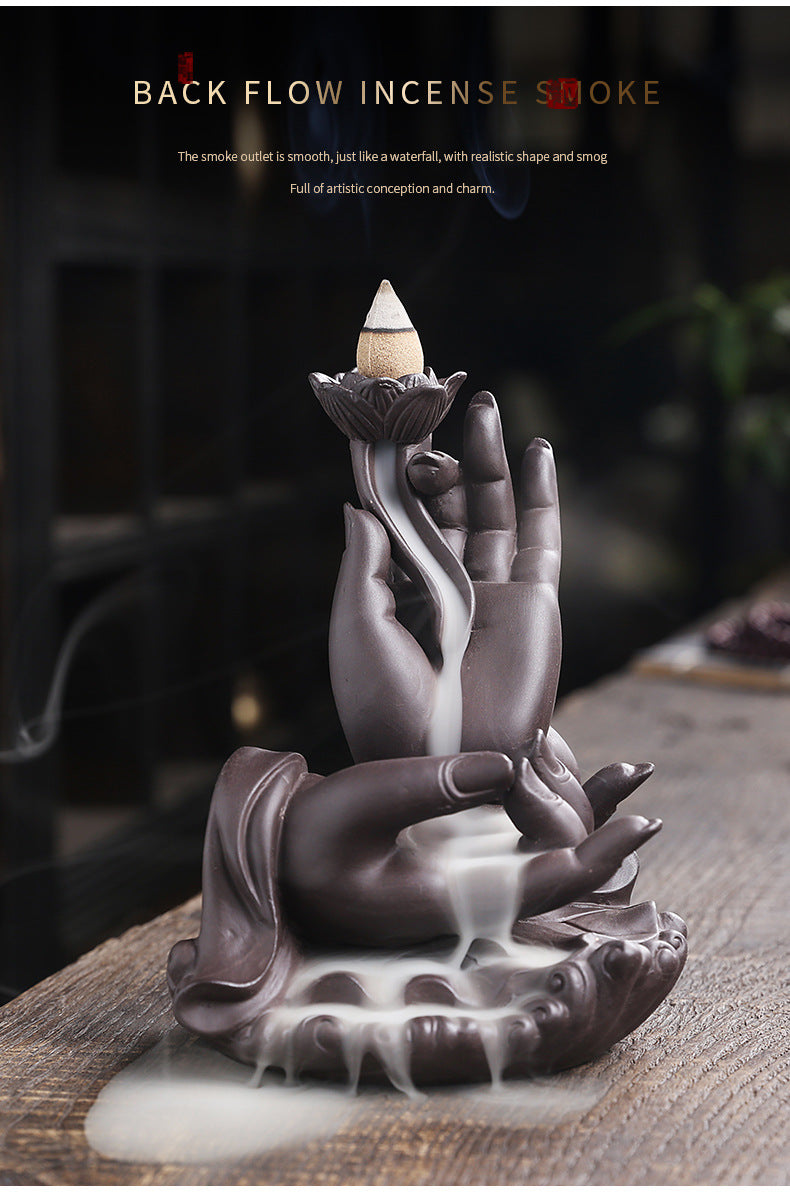 Purple Clay Backflow Incense Burner Indoor Home Incense Burner Creative Large Buddha Hand Backflow Aromatherapy Burner Gift Ornament