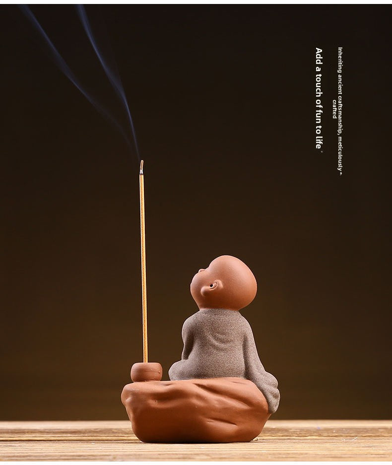 zensoullab Zen Purple Clay Little Monk Incense Holder Ornament for Car, Home, Indoor Living Room, Tea Tabletop, Incense Ceremony, Incense Seat, Incense Burner