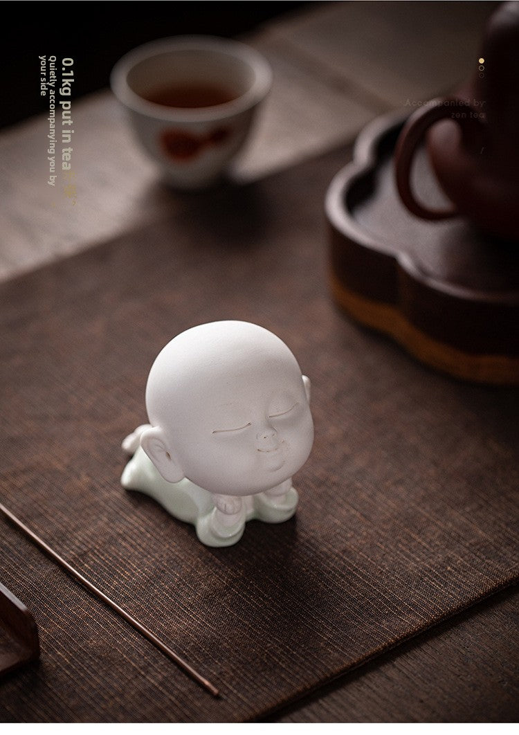 Zensoullab Cute Ceramic Monk Decoration Zen Decoration Fish Tank Landscape Celadon Samanera Tea Ornaments Tea Set Table-Top Decoration