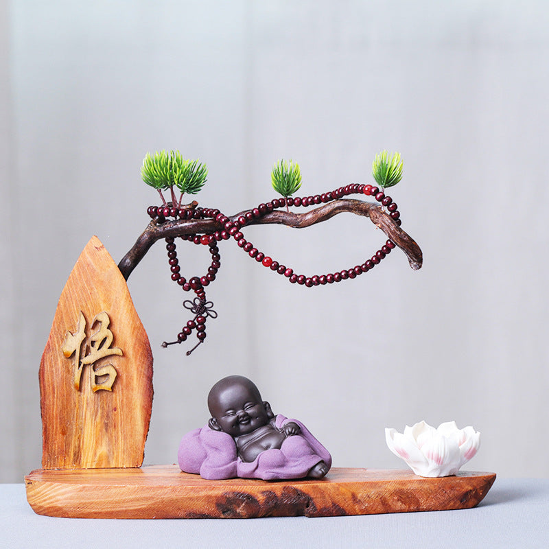 zensoullab Creative Chinese Style Welcoming Pine Root Carving Living Room Club TV Cabinet Zen Little Monk Ornament Maitreya Buddha Home Decor