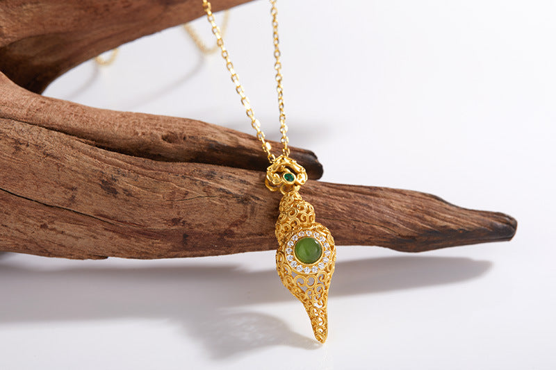 zensoullab Full Body S925 Sterling Silver Electroplated 24K Gold Conch Inlaid with Jasper Vintage Hollow Ancient Craft Pendant Necklace for Women