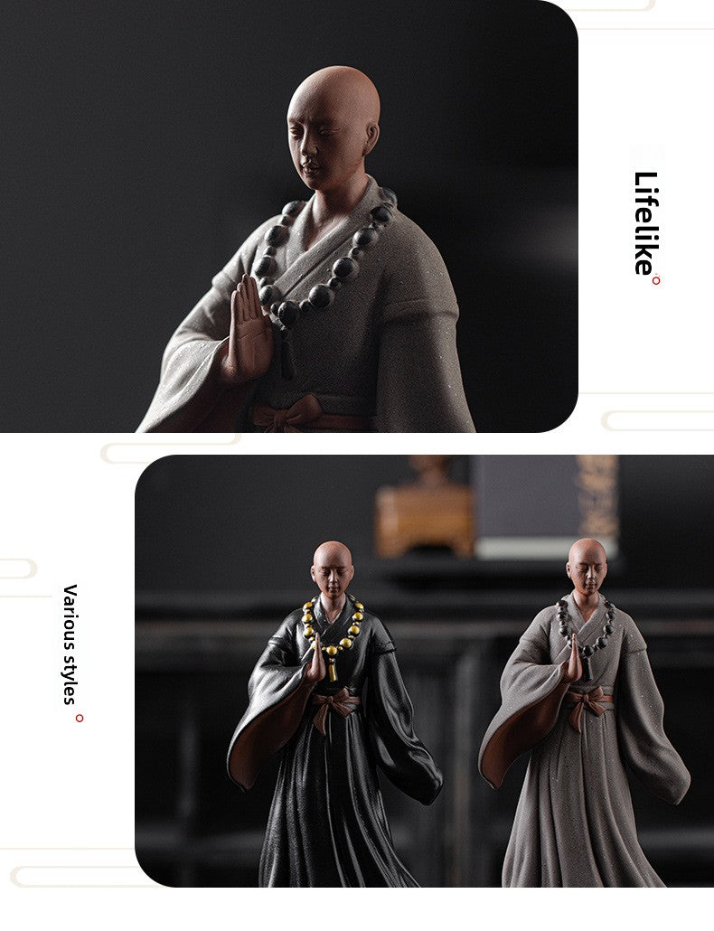 zensoullab Creative New Chinese Style Large Purple Clay Little Monk Figurine Tea Room Living Room Entrance Zen Little Monk Ceramic Character Decoration
