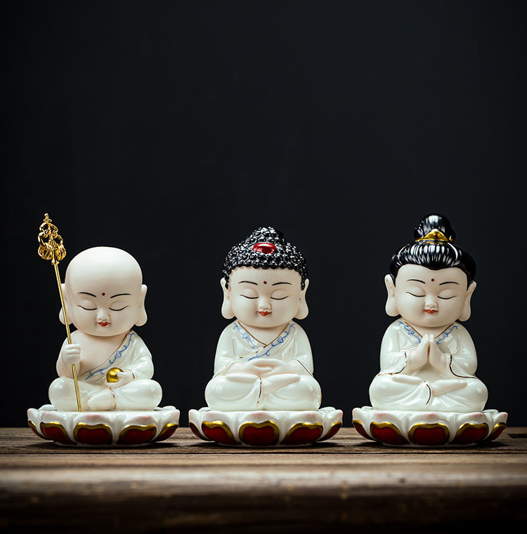 zensoullab Ceramic Small Ornaments Sitting Lotus Western Three Saints Statue Amitabha Buddha Guanyin Mahasthamaprapta Bodhisattva Buddha Statue Living Room Home Use