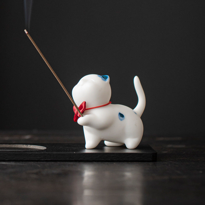 zensoullab Creative Cute Little Cat Ceramic Ornament Soft Healing Tea Pet Pen Holder Home Indoor Sandalwood Incense Holder Incense Tool