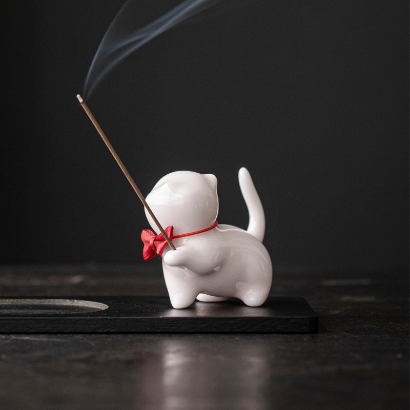 zensoullab Creative Cute Little Cat Ceramic Ornament Soft Healing Tea Pet Pen Holder Home Indoor Sandalwood Incense Holder Incense Tool