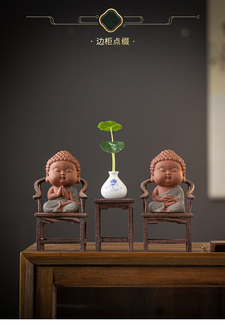 zensoullab Zen Purple Clay Small Buddha Figurine Cute Buddha Statue Chinese Style Home Tea Room Curio Shelf Tea Table Decoration