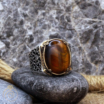 zensoullab Turkish B Handmade Vintage Exquisite Cabochon Brown Open Natural Tiger Eye Stone Carved Ring