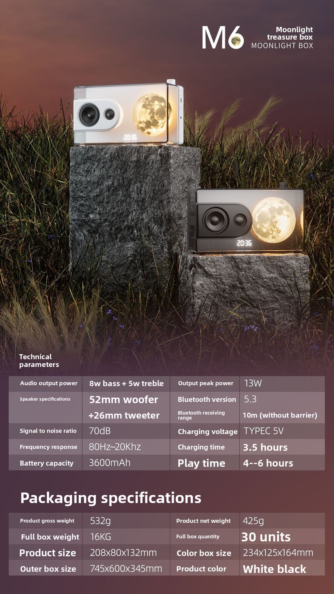 zensoullab Transparent Moonlight Box Bluetooth Speaker Atmosphere Clock Alarm Clock White Noise Moon Bluetooth Speaker Gift