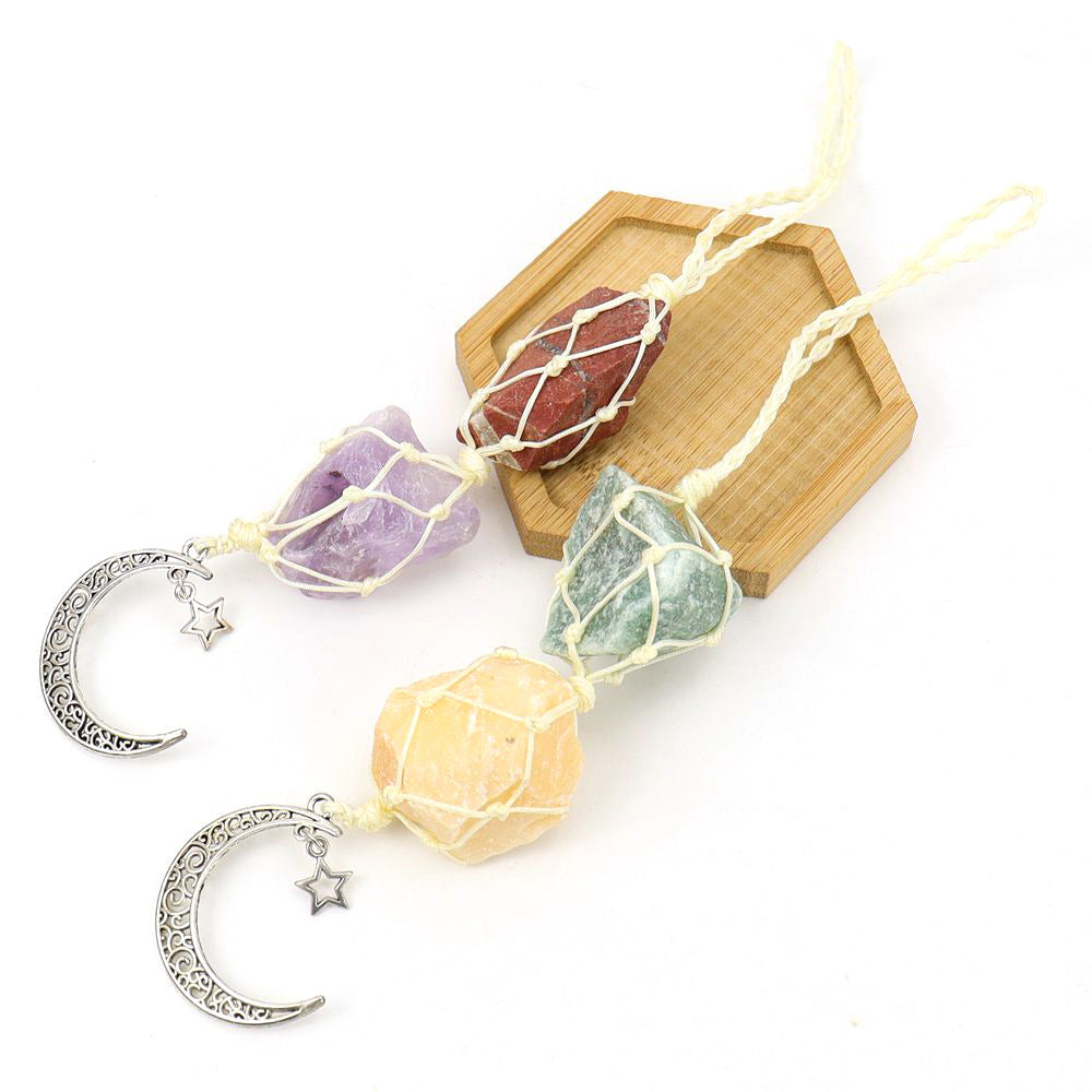 zensoullab Handmade Woven Raw Stone Crystal Pendant Star Moon Net Bag Car Hanging Amethyst Ornament