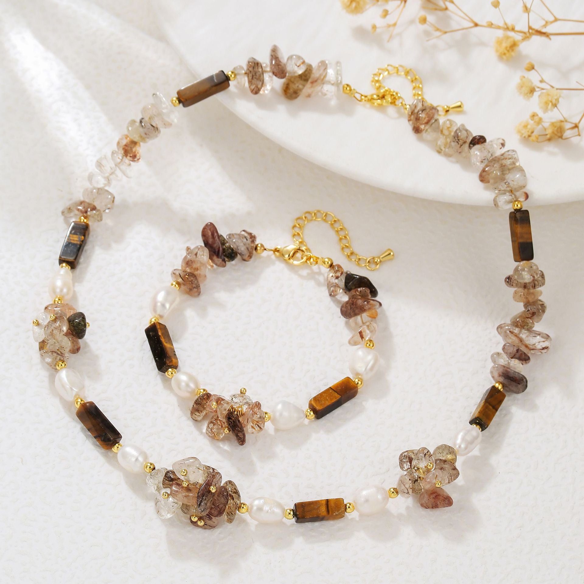 zensoullab Freshwater Pearl Melad Sweater Chain Bracelet Hair Crystal Tiger Eye Stone Necklace Elegant High-end Design