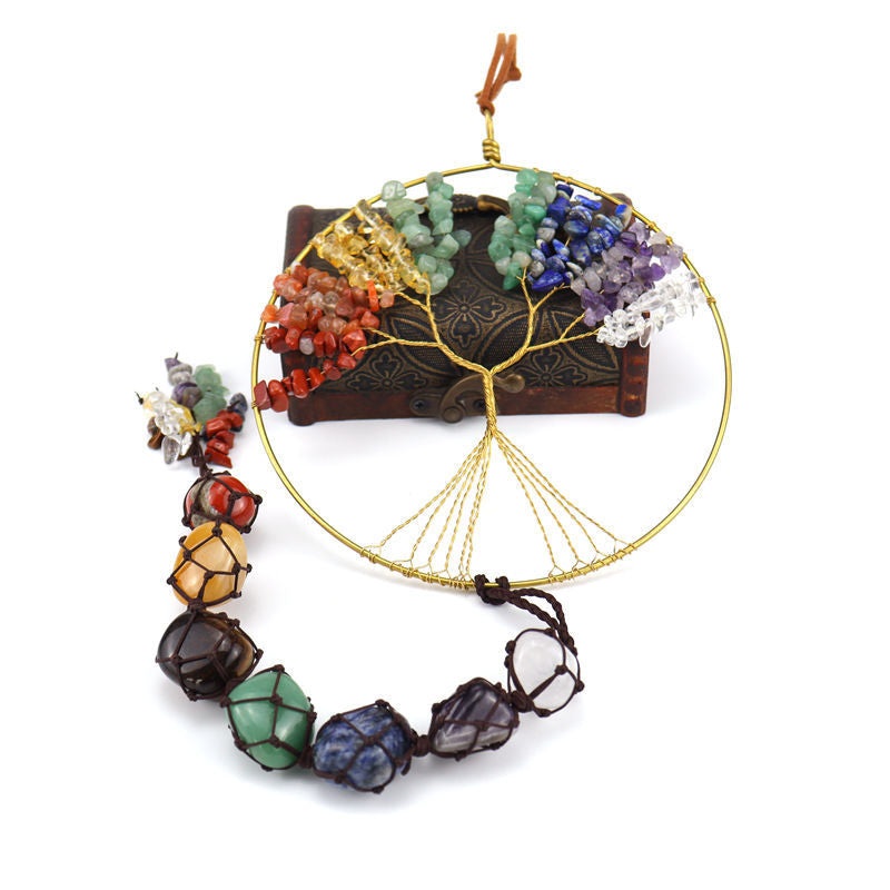 zensoullab7 Colorful Stone Seven Colors Crystal Raw Stone Hand-woven Pendant Natural Stone Tree of Life Car Hanging Dream Catcher Ornament