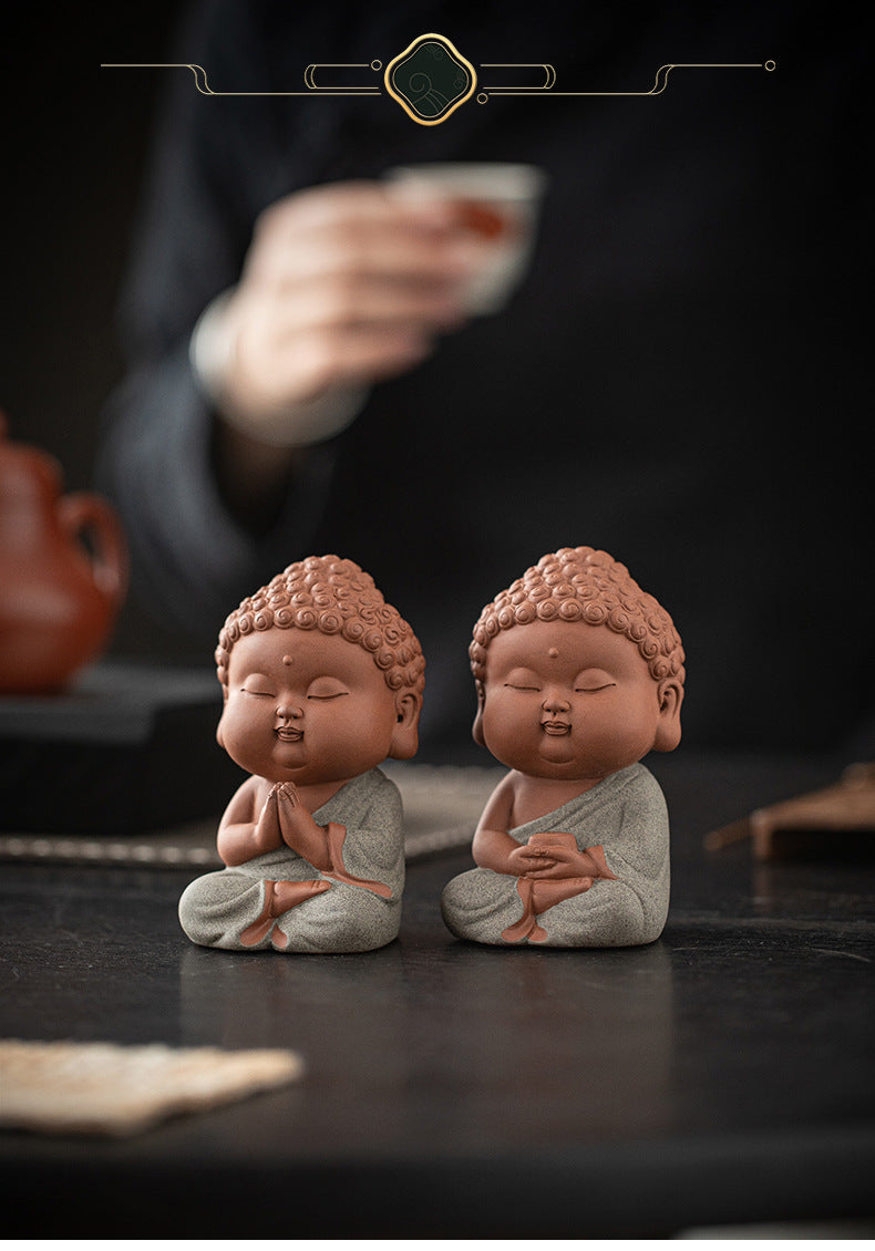 zensoullab Zen Purple Clay Small Buddha Figurine Cute Buddha Statue Chinese Style Home Tea Room Curio Shelf Tea Table Decoration