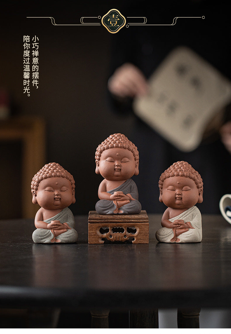 zensoullab Zen Purple Clay Small Buddha Figurine Cute Buddha Statue Chinese Style Home Tea Room Curio Shelf Tea Table Decoration
