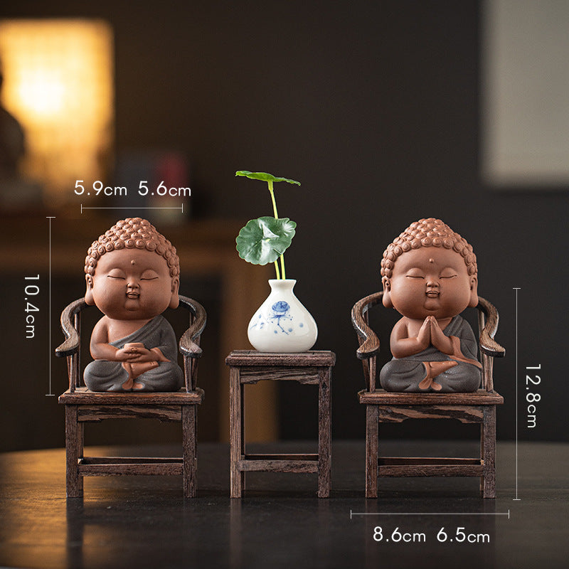 zensoullab Zen Purple Clay Small Buddha Figurine Cute Buddha Statue Chinese Style Home Tea Room Curio Shelf Tea Table Decoration