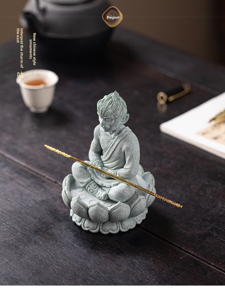 zensoullab Zen Style Chinese Green Sandstone Zen Sitting Monkey King Desktop Ornament Creative Living Room Fish Tank Landscaping Decoration