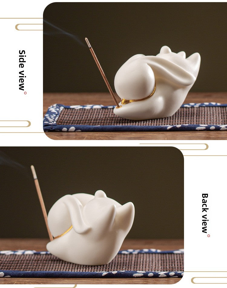Zensoullab Creative Cute Little White Rabbit Ceramic Aromatherapy Stove Decoration Tea Ornaments Cover Living Room Home Incense Sandalwood Incense Stick Holder