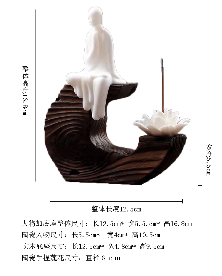 zensoullab Creative Phaseless Buddha Ceramic Ornament Backflow Incense Burner Little Monk Incense Home Indoor Incense Holder Sandalwood Incense Burner