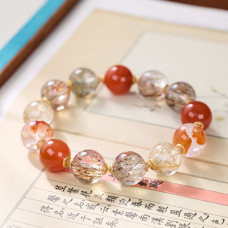 zensoullab Natural Black Gold Super Seven Crystal Bracelet for Women Red Glue Flower Gold Rutilated Quartz Full Flesh Southern Red Multi-Gemstone Bracelet