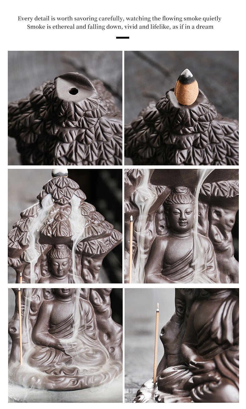 zensoullab Purple Clay Backflow Incense Burner Creative Bodhi Tree Buddha Backflow Incense Burner Home Decor Craft Ornament