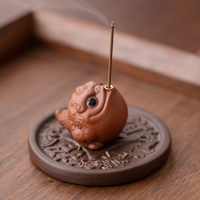 zensoullab Creative Ceramic Cute Fortune Golden Toad Purple Clay Tea Pet Ornament Aromatherapy Burner Home Indoor Incense Holder Incense Stand Incense Ceremony