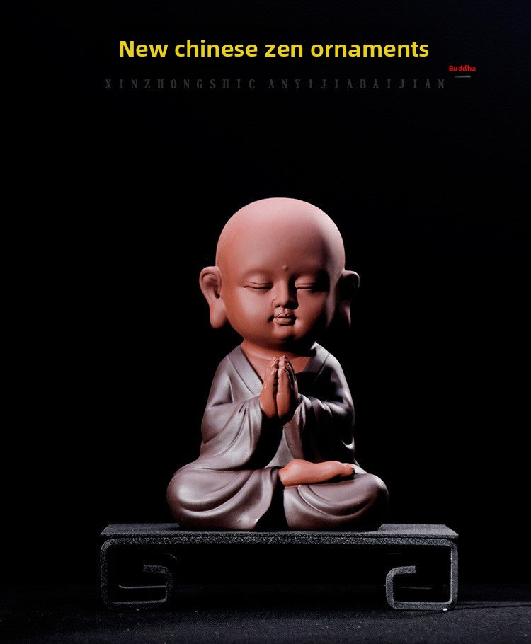 zensoullab Zen Purple Clay Blessing Little Monk Home Decor Chinese Style Entrance Living Room Buddha Hall Large Small Novice Figurine