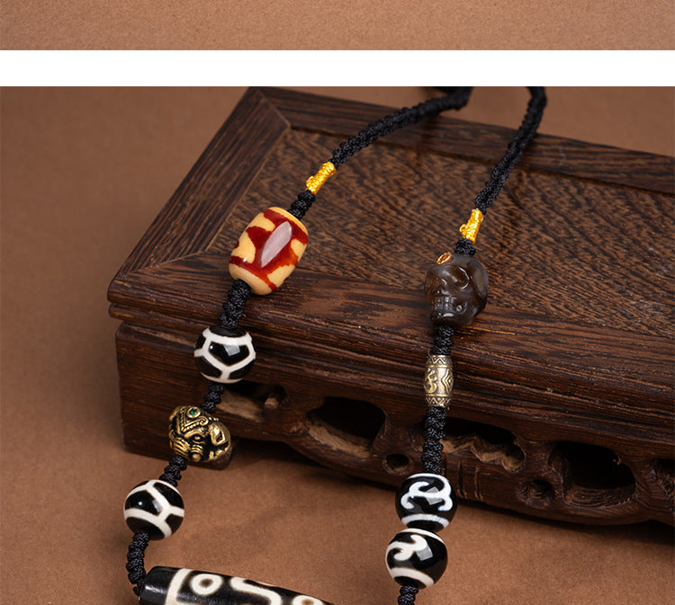 zensoullab Tibetan Nine-Eyed Dzi Bead Necklace with Layered Patina Multi-Totem Agate Pendant Couple Style Woven Necklace
