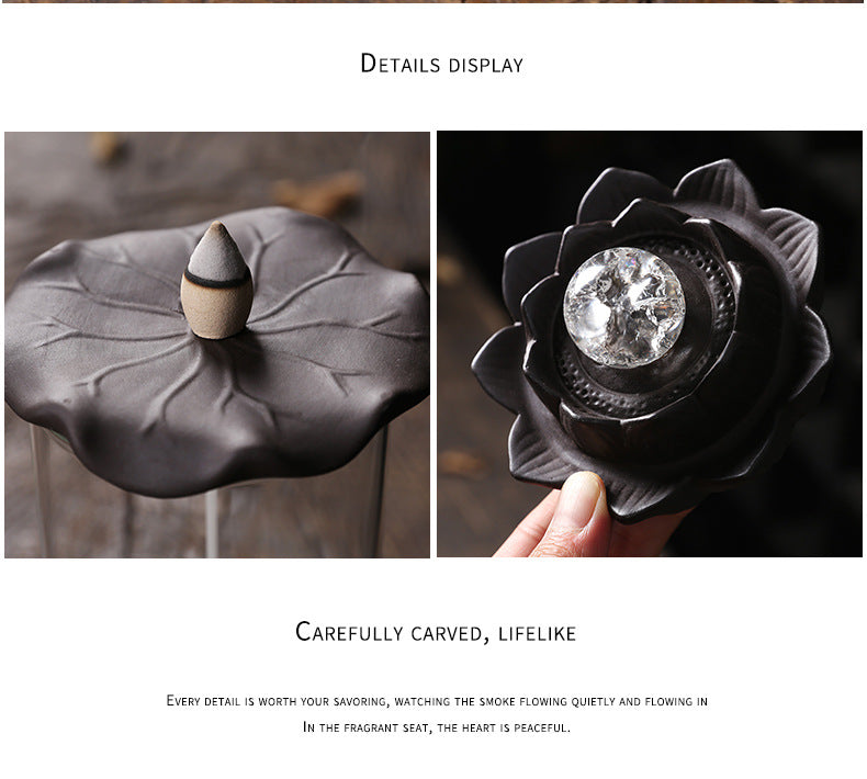 zensoullab Purple Clay Windproof Cover LED Light Backflow Incense Burner Creative Lotus Leaf Ornamental Backflow Aromatherapy Burner Home Decor
