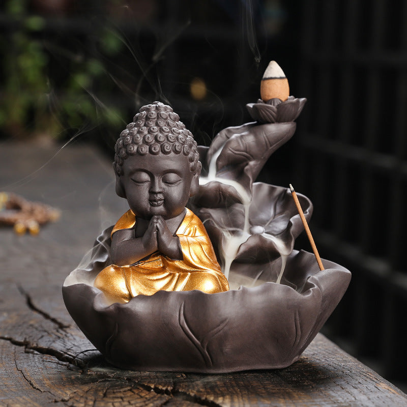 zensoullab Purple Clay Ceramic Backflow Incense Burner Crafts Creative Lotus Leaf Buddha Statue Small Novice Incense Burner Ornament