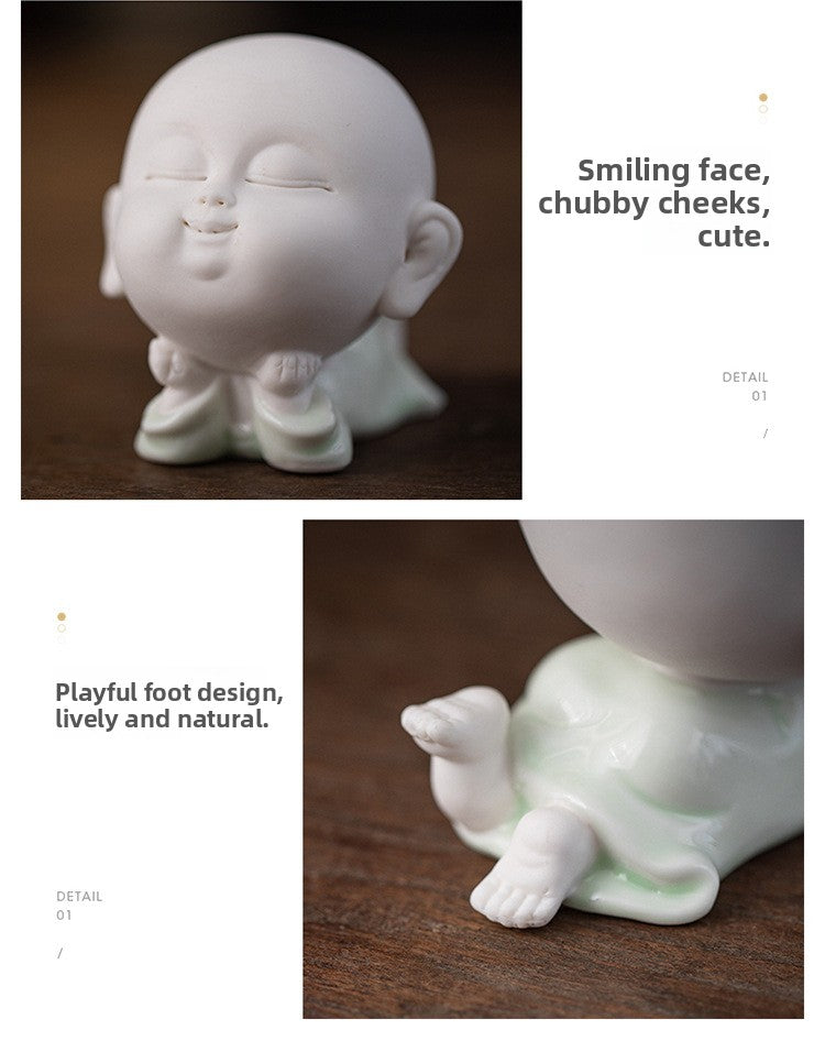 Zensoullab Cute Ceramic Monk Decoration Zen Decoration Fish Tank Landscape Celadon Samanera Tea Ornaments Tea Set Table-Top Decoration