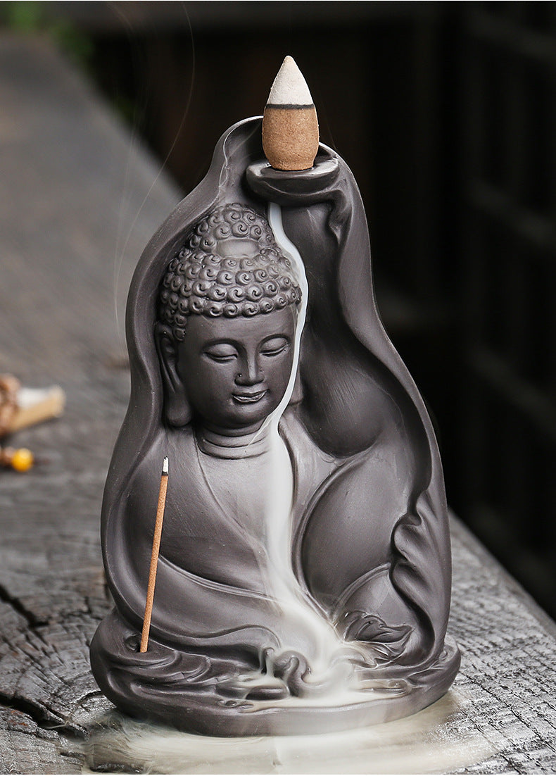 zensoullab Purple Clay Sandalwood Backflow Incense Burner Creative Bodhi Leaf Tathagata Buddha Smoke Backflow Incense Burner Craft Ornament