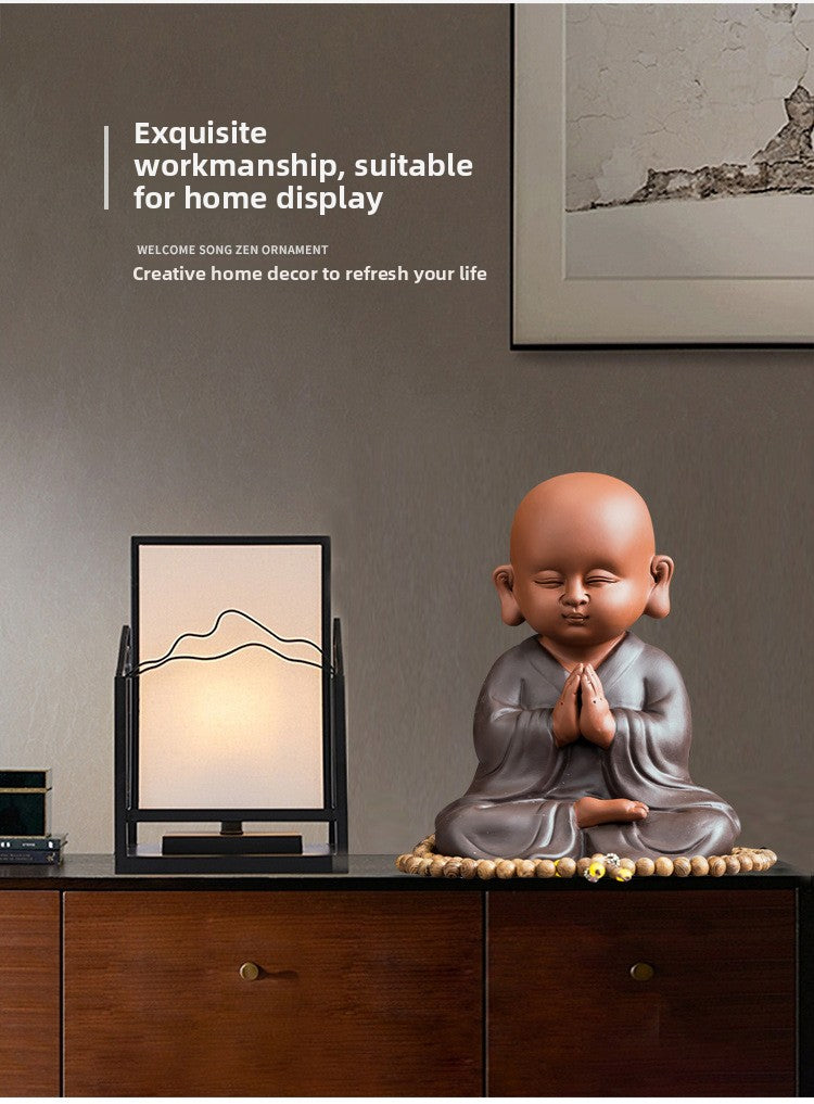 zensoullab Premium Large Ceramic Little Monk Figurine Purple Clay Figure Chinese Style Living Room Entrance Tea Room Zen Little Novice Decoration