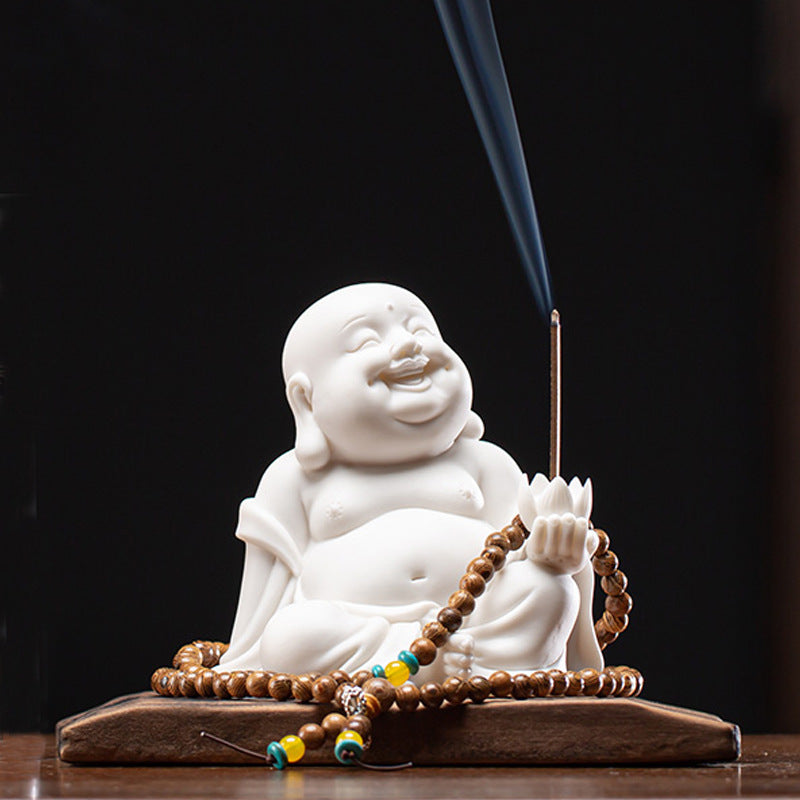 zensoullab Creative New Chinese Style Ceramic Maitreya Buddha Statue Desktop Ornament Home Incense Holder Incense Burner Incense Tray