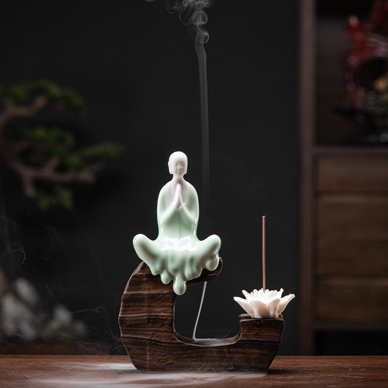 zensoullab Creative Backflow Incense Burner Home Aromatherapy Burner Ceramic Ornament Sandalwood Incense Holder Guanyin Buddha Statue Zen Living Room Decoration
