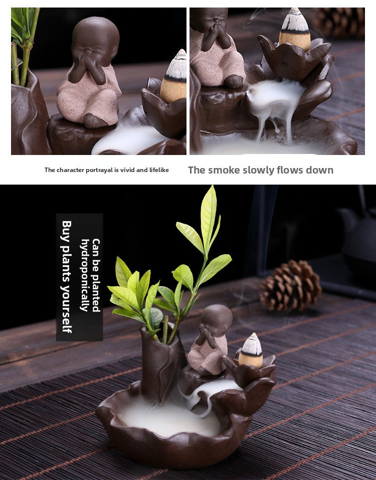 zensoullab Purple Clay Backflow Incense Burner Ceramic Creative Ornament Craft Incense Little Monk Viewing Smoke Mountain Water Flow