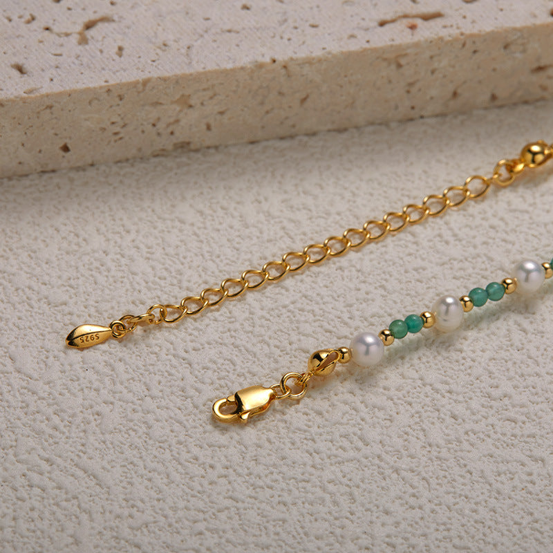 Zensoullab925 Sterling Silver Natural Pearl Green Chalcedony Colored Gems Necklace Women's High-Grade Sweet Personality Handmade Beaded