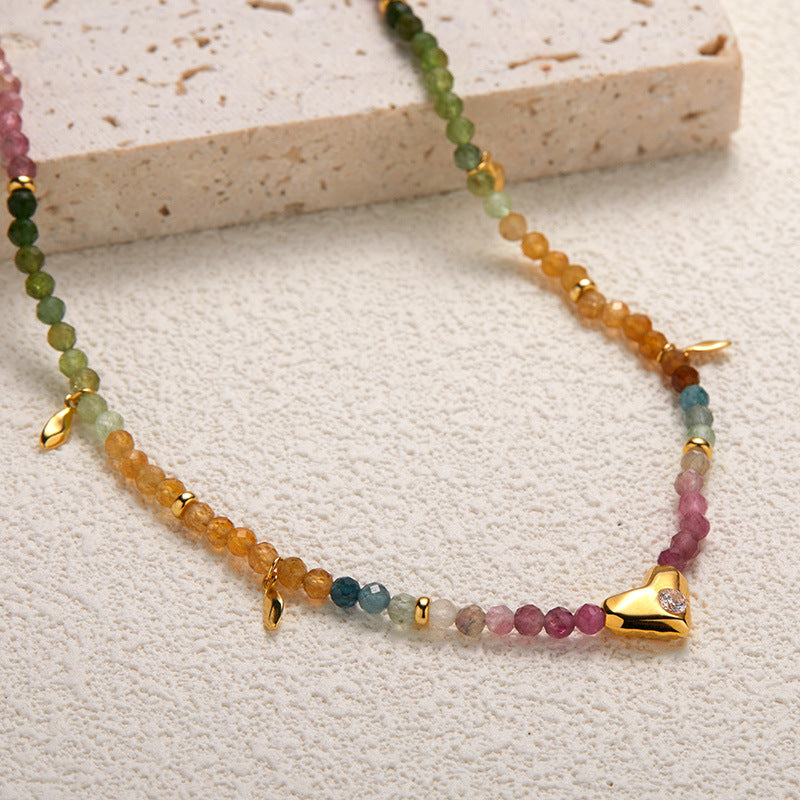 zensoullab S925 Sterling Silver Natural Tourmaline Gemstone Necklace for Women Original Design Heart Trendy Handmade Colorful Beaded Chain