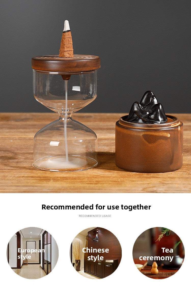 zensoullab Ceramic Backflow Incense Burner Windproof Cover Creative Mountain Water Flowing Ornamental Smoke Backflow Aromatherapy Burner Craft Decoration