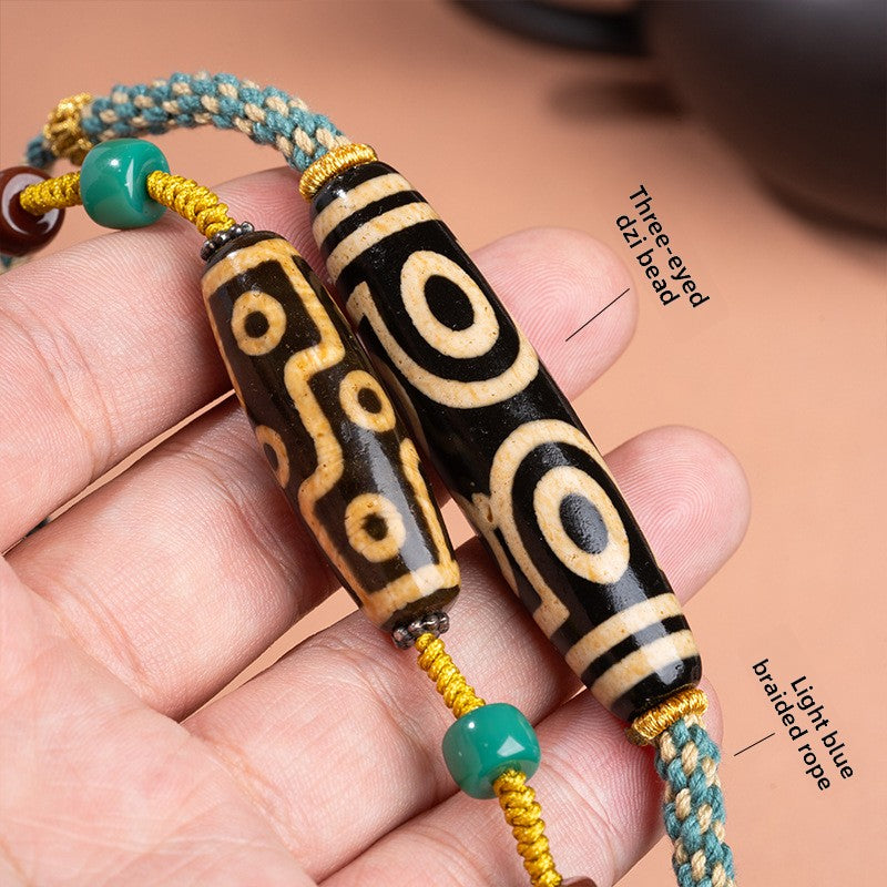 zensoullab Natural Yellow Nine-Eye Dzi Bead Necklace Taiwan Work Agate Pendant Unisex Couple Style Braided Necklace