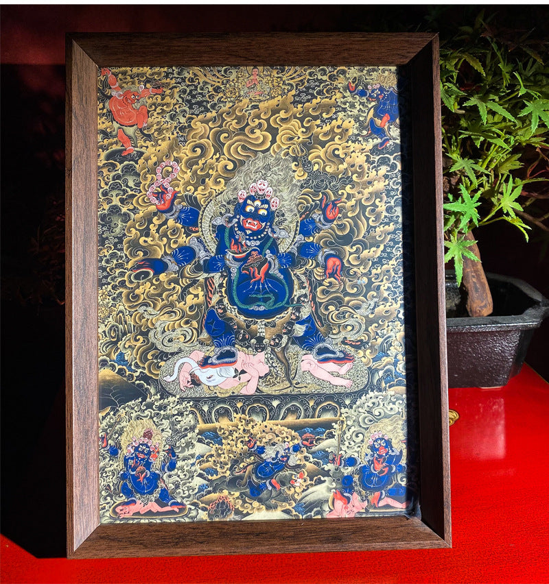 zensoullab Thangka Yellow God of Wealth Mahakala Buddha Statue Hanging Painting Desktop Display Guanyin Bodhisattva Wealth Attraction Entrance Decoration Painting