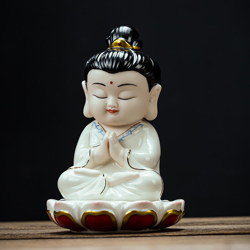 zensoullab Ceramic Small Ornaments Sitting Lotus Western Three Saints Statue Amitabha Buddha Guanyin Mahasthamaprapta Bodhisattva Buddha Statue Living Room Home Use