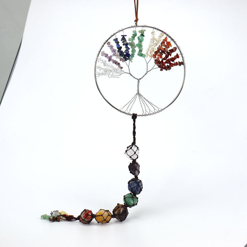 zensoullab7 Colorful Stone Seven Colors Crystal Raw Stone Hand-woven Pendant Natural Stone Tree of Life Car Hanging Dream Catcher Ornament