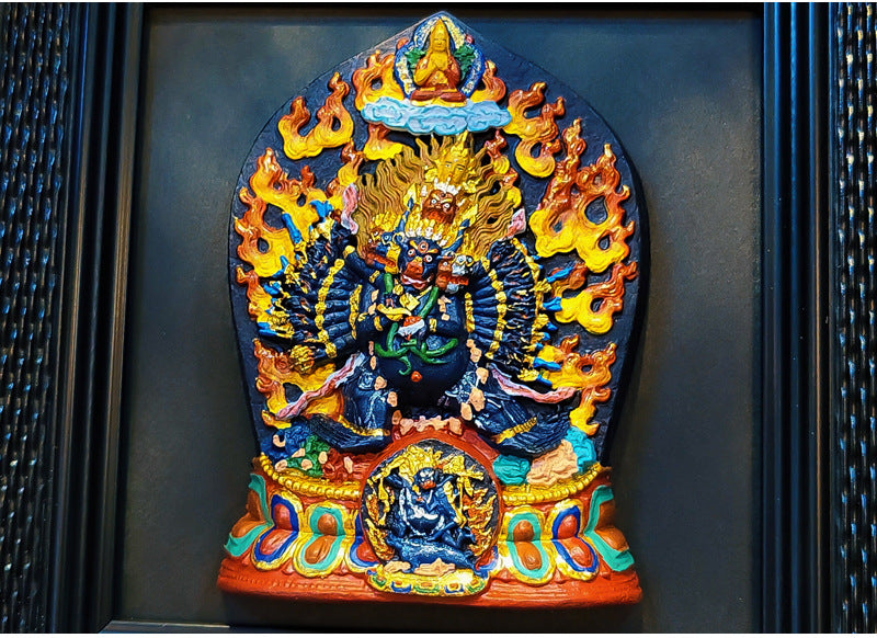 zensoullab Rubbing Table Hand-painted Thangka 3D Painted Table Decoration Great Wrath Yellow God of Wealth Mahakala Buddha Decoration Ornament