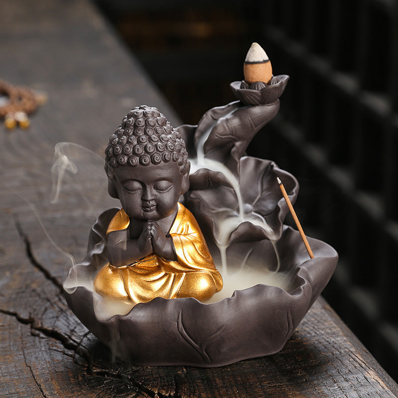 zensoullab Purple Clay Ceramic Backflow Incense Burner Crafts Creative Lotus Leaf Buddha Statue Small Novice Incense Burner Ornament