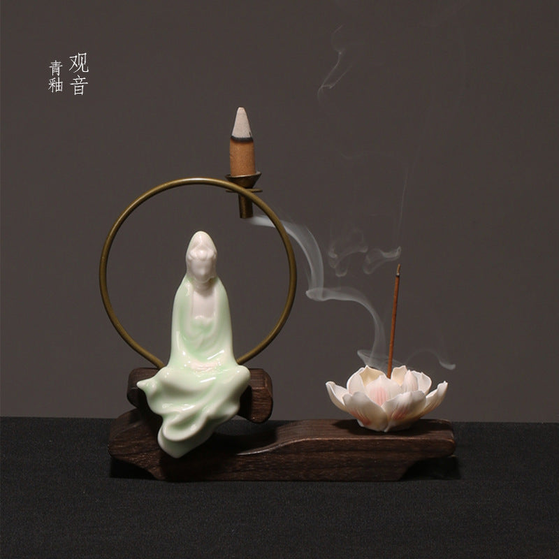 zensoullab Creative Chinese Ceramic Ornament Phaseless Buddha Statue Home Backflow Incense Burner Sandalwood Aromatherapy Burner Incense Holder Incense Device Wooden Incense Stand
