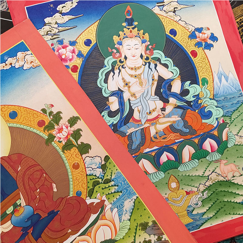 zensoullab Nepal Hand-painted Medicine Buddha Thangka Yellow God of Wealth Manjushri Four-armed Guanyin White Tara Green Tara Entrance Wall Hanging Painting