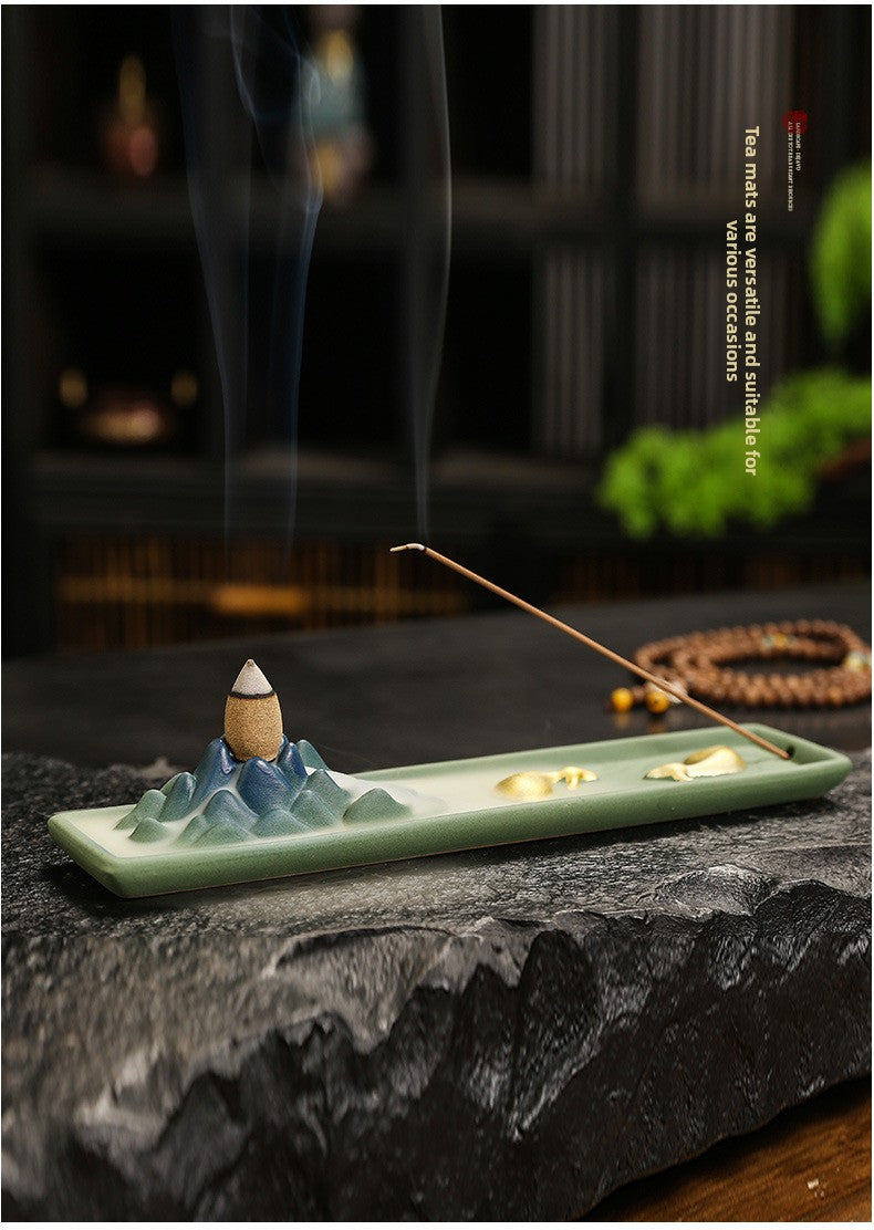 Zensoullab Qianli Jiangshan Line Incense Burner Ceramic Multi-Functional Dual-Purpose Ceramic Incense Burner Double Cow Backflow Smoke Incense Burner Ceramic Incense