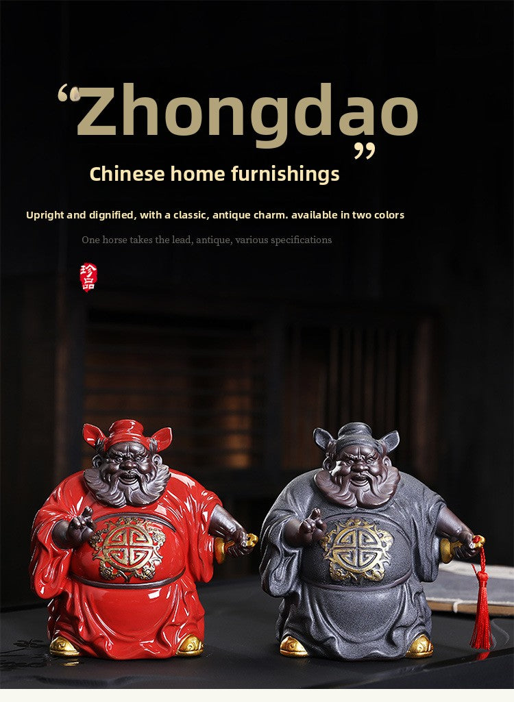 zensoullab Creative Ceramic Zhongkui Figurine Chinese Zen Style Character Ornament Home Living Room Tea Room Entrance Decoration Craft Gift