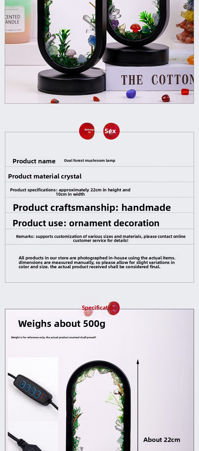 zensoullab Natural Crystal Raw Stone Oval Forest Mushroom Lamp Home Decoration Atmosphere Night Light Bedside Lamp Ornament