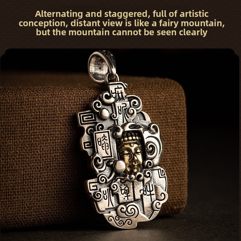 zensoullab Thai Silver Personalized Retro Six-Word Mantra Buddha Head Armor Trendy Creative Peace Jewelry Necklace Pendant for Men and Women