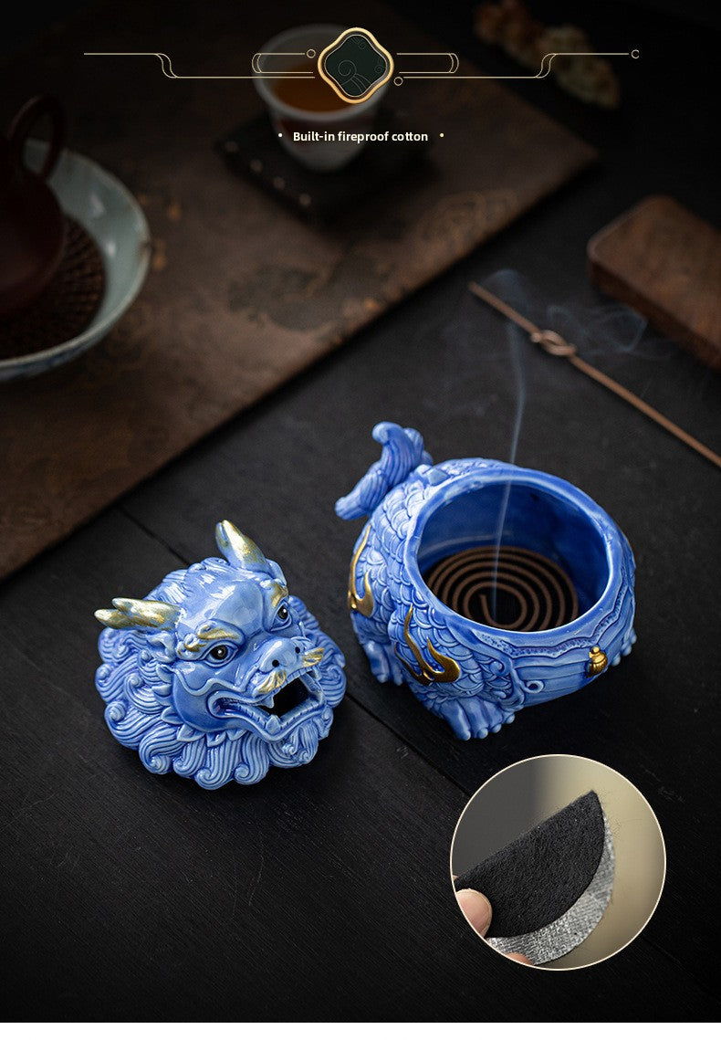 Zensoullab Creative Ceramic KIRIN Incense Coil Burner Home Indoor Auspicious Beast Incense Burner Sandalwood Agarwood Point Incense Box Desktop Incense Ceremony Decoration